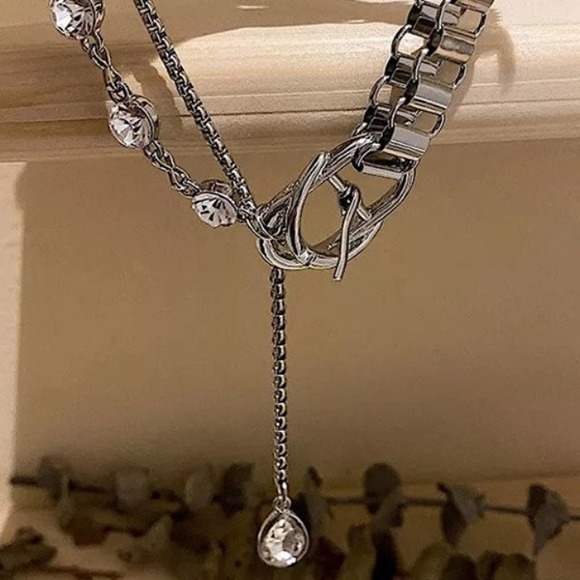 WHITE GOLD PLATED BUCKLE PUNK CHAIN RHINESTONE DROP CHOKER NECKLACE - Picture 6 of 9